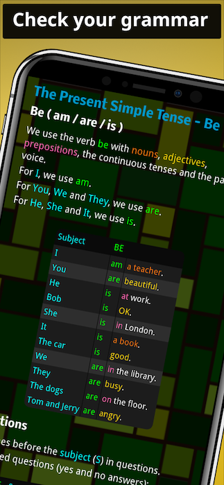 A screenshot of the colour-coded English grammar guide in the English Grammar Smash app A screenshot of the colour-coded English grammar guide in the English Grammar Smash app