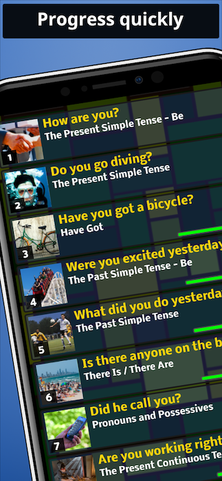 A screenshot from the English Grammar Smash app that shows the main course content A screenshot from the English Grammar Smash app that shows the main course content