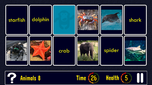 A screenshot from the Match Up Learn English Words app that shows the card-matching English game A screenshot from the Match Up Learn English Words app that shows the card-matching English game