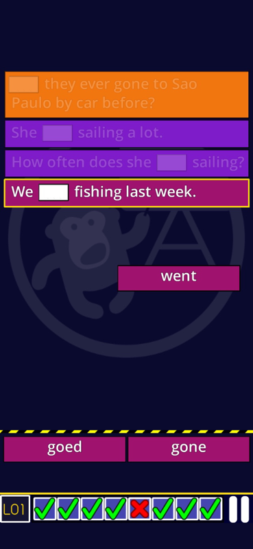 A screenshot from the English Verb Smash app that shows a fun practice game A screenshot from the English Verb Smash app that shows a fun practice game