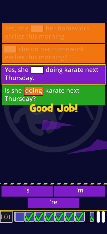A screenshot from the English Verb Smash app that shows an example of answering a question A screenshot from the English Verb Smash app that shows an example of answering a question