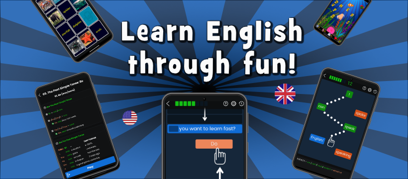 An image displaying the caption: Learn English through fun An image displaying the caption: Learn English through fun