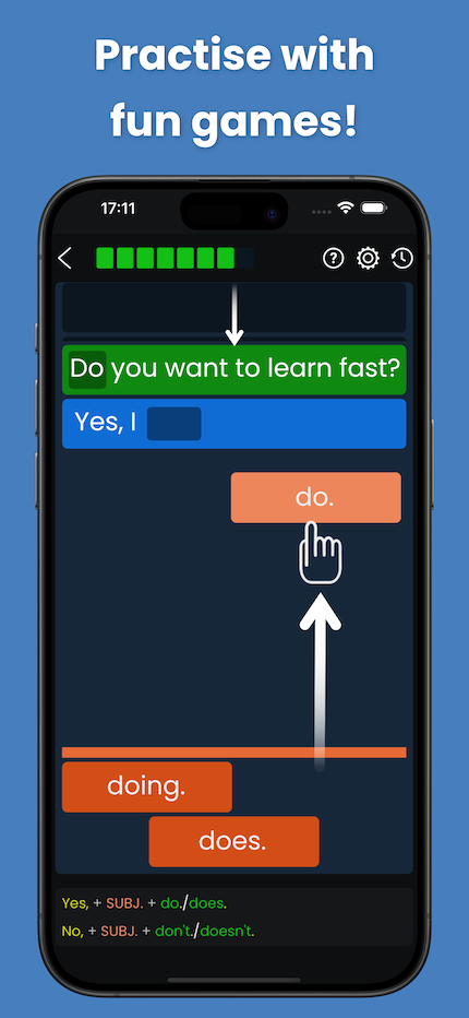 A screenshot from the English Grammar Star app that shows a fun practice game A screenshot from the English Grammar Star app that shows a fun practice game
