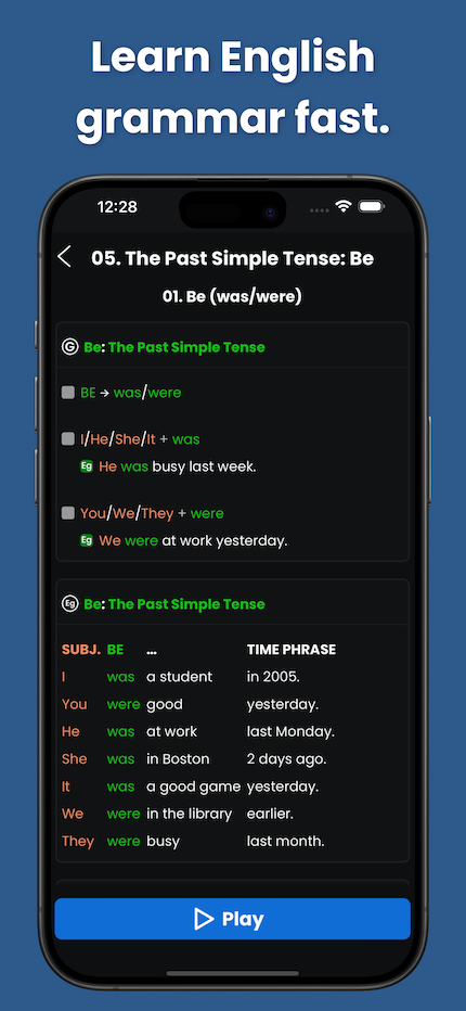 A screenshot from the English Grammar Star app of the colour-coded English grammar guide A screenshot from the English Grammar Star app of the colour-coded English grammar guide