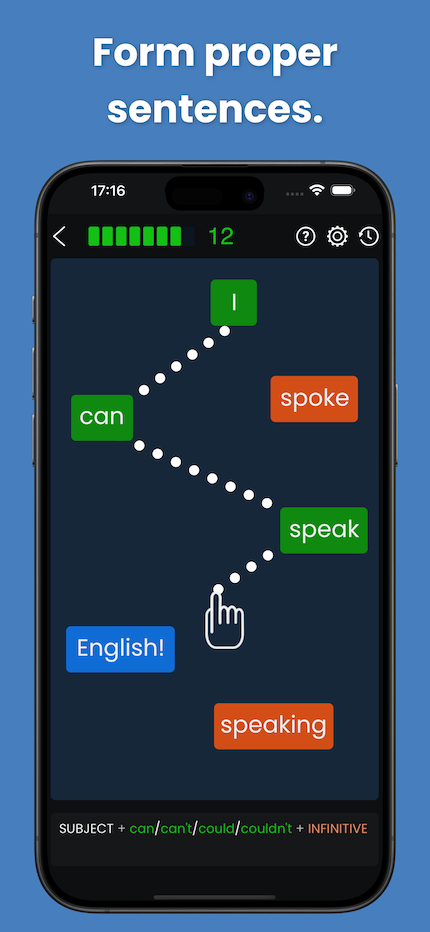 A screenshot showing a game for learning how to form proper sentences with the English Grammar Star app A screenshot showing a game for learning how to form proper sentences with the English Grammar Star app