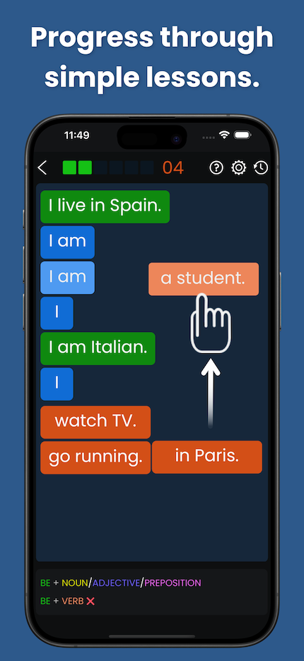 A screenshot from the English Grammar Star app that shows a simple example lesson A screenshot from the English Grammar Star app that shows a simple example lesson